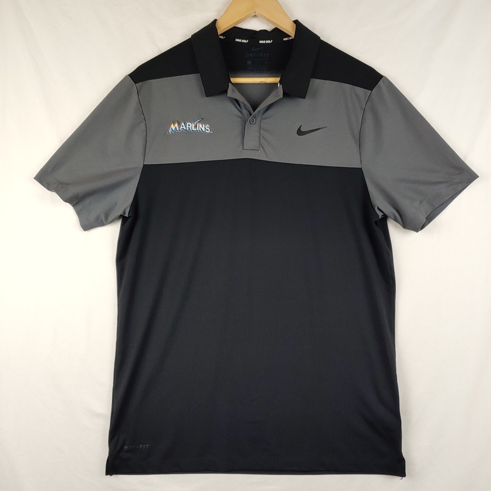 Miami Marlins Nike Golf Polo Shirt Mens Small Black Gray Short Sleeve Dri-Fit